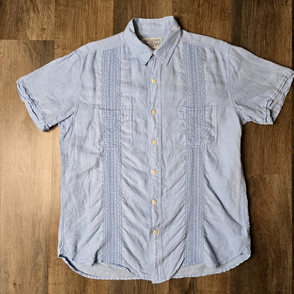Lucky Brand Men Light Blue Embroidered 2 Pocket Linen Cotton Button Up Shirt Med